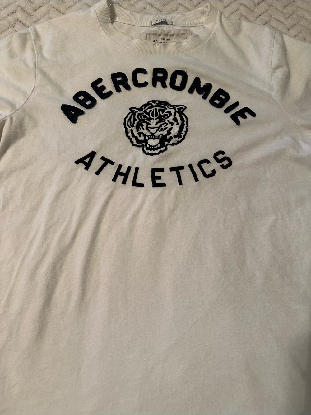 Retro Abercrombie Athletics Distressed White Tee with Navy Tiger Logo